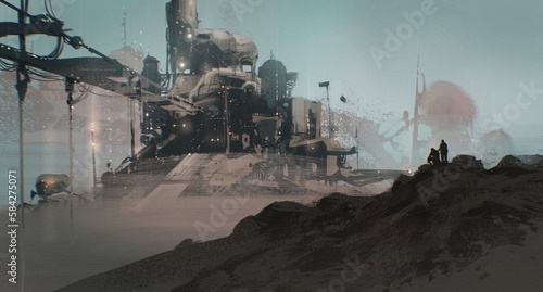 Large futuristic city on foreign planet.