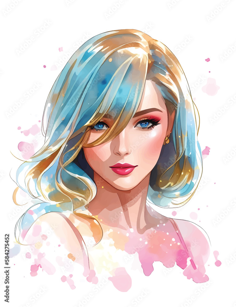 Watercolor beauty young woman. Hand drawn portrait of attractive girl