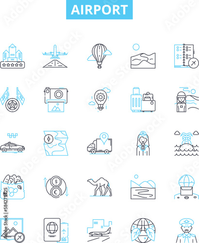 Airport vector line icons set. Airport, Terminal, Check-in, Terminal-, TSA, Runway, Arrival illustration outline concept symbols and signs