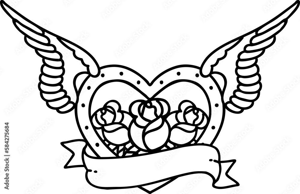 Fototapeta premium black line tattoo of a flying heart with flowers and banner