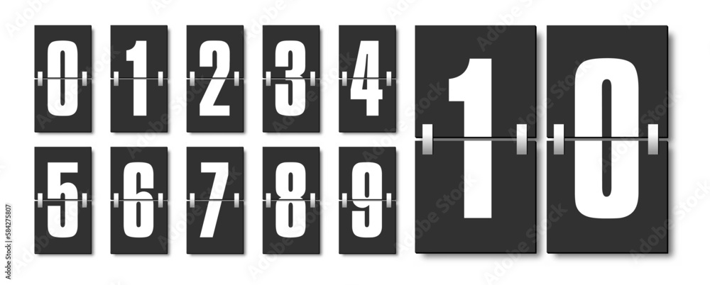Countdown numbers flip counter vector isolated set. Retro style flip ...