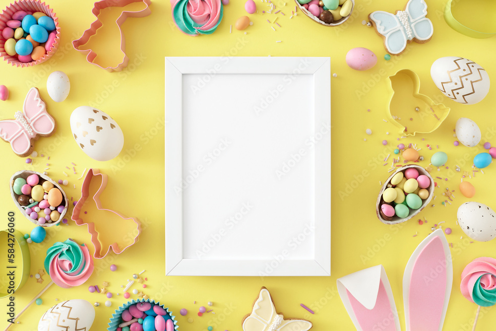 Easter concept. Top view photo of vertical photo frame white golden easter eggs сolorful candies sprinkles meringue lollipops and baking molds on yellow background