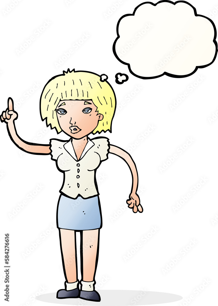 cartoon woman with idea with thought bubble cartoon woman with idea with thought bubble