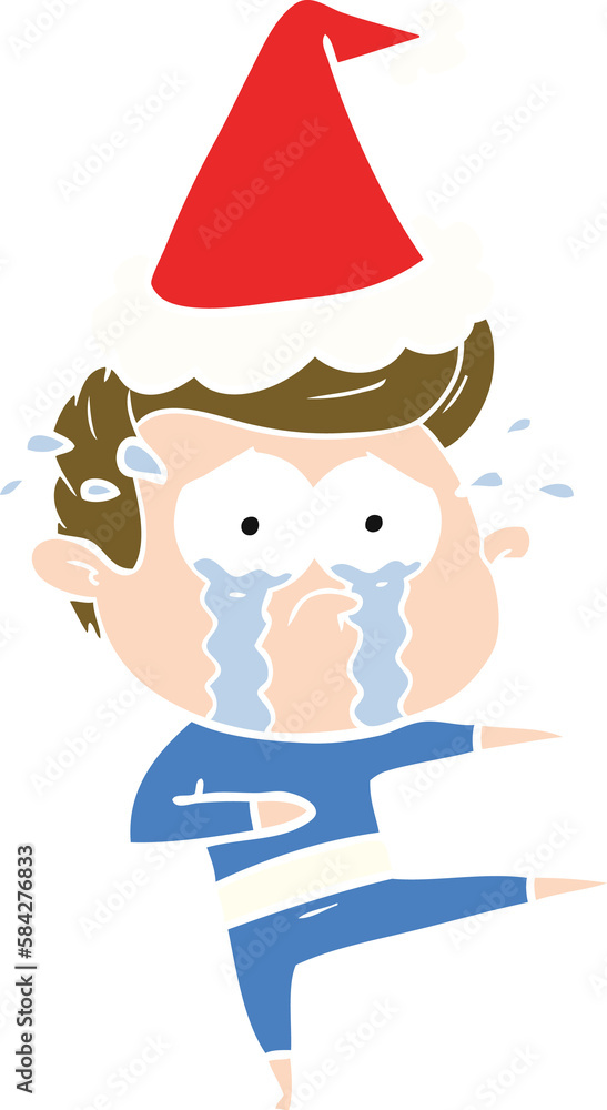 flat color illustration of a crying dancer wearing santa hat