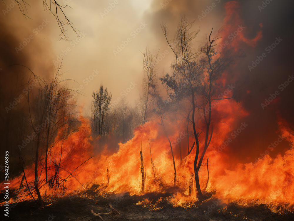 wildfire spreading in forest, unstoppable flames and destruction, generative AI