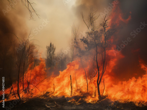 wildfire spreading in forest, unstoppable flames and destruction, generative AI © Marcos