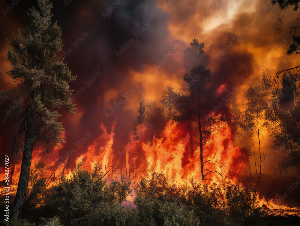forest fire with bright flames, ecological disaster, urgent action needed, generative AI