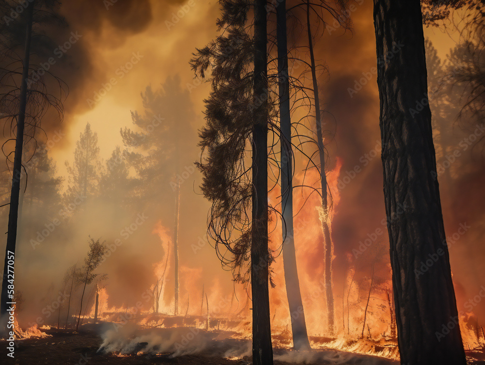 burning trees and thick smoke, forest fire disaster, climate change impact, generative AI burning trees and thick smoke, forest fire disaster, climate change impact, generative AI
