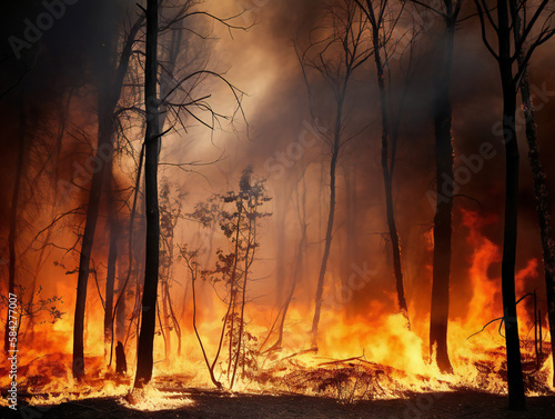 burning trees and thick smoke, forest fire disaster, climate change impact, generative AI