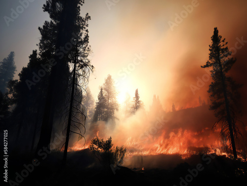 engulfing forest fire  smoky and dangerous  climate change consequences  generative AI