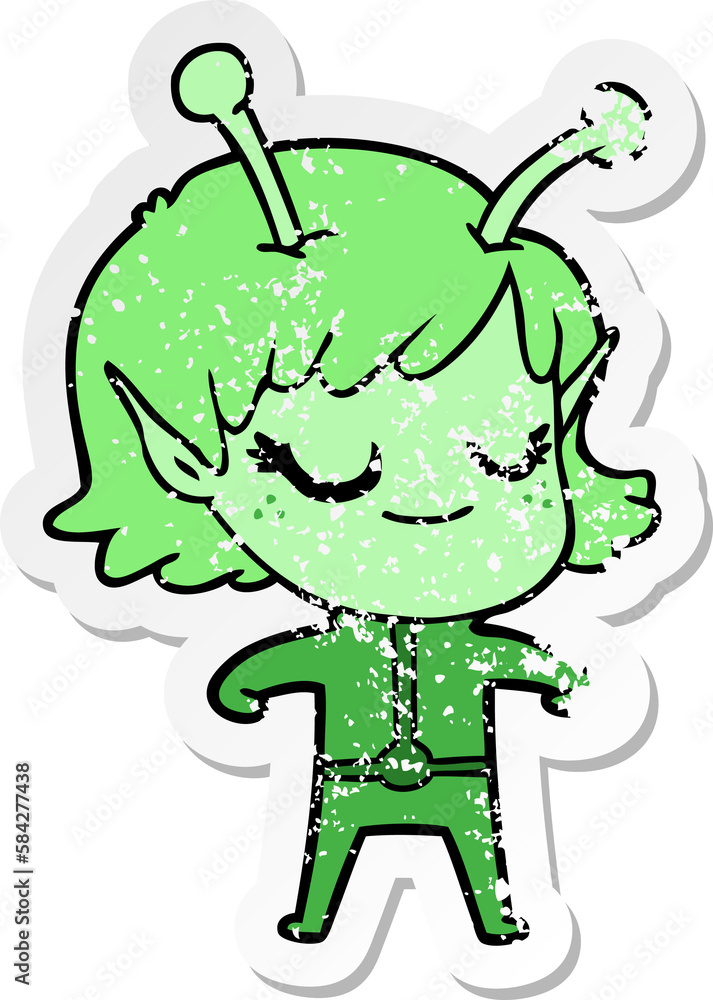 distressed sticker of a smiling alien girl cartoon distressed sticker of a smiling alien girl cartoon