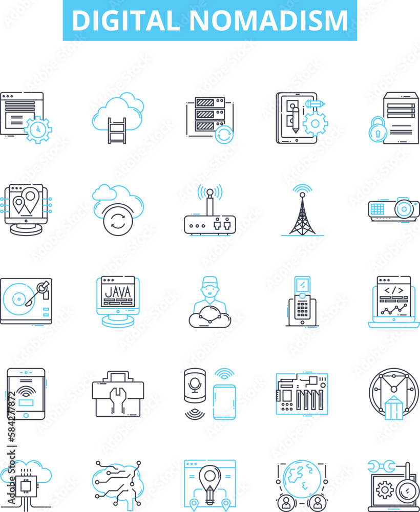 Digital nomadism vector line icons set. Remote, Working, Digital, Lifestyle, Locations, Flexible, Travel illustration outline concept symbols and signs Digital nomadism vector line icons set. Remote, Working, Digital, Lifestyle, Locations, Flexible, Travel illustration outline concept symbols and signs