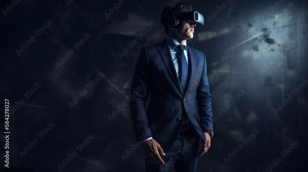  A businessman wearing futuristic virtual reality headset, interacting with a Metaverse environment. Gen AI