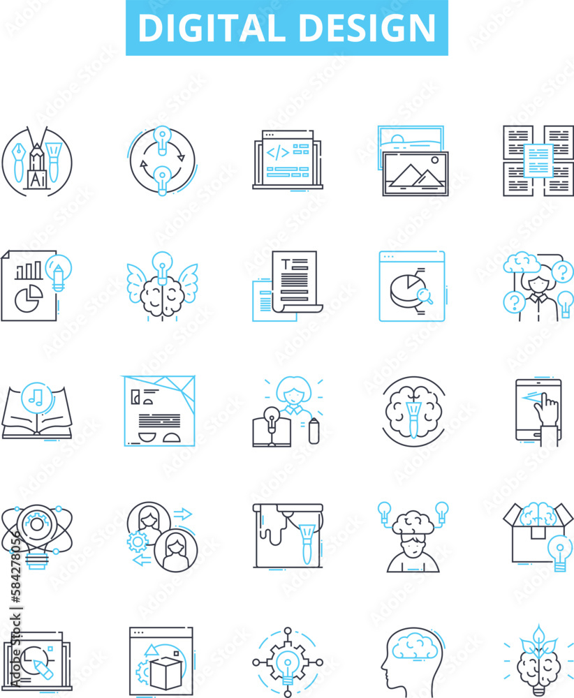 Digital design vector line icons set. Digital, Design, Web, Media, Interface, UX, UI illustration outline concept symbols and signs