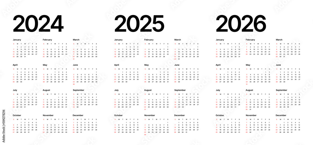 Annual calendar template for 2024, 2025, 2026 years. Week Starts on Sunday. Business calendar in 