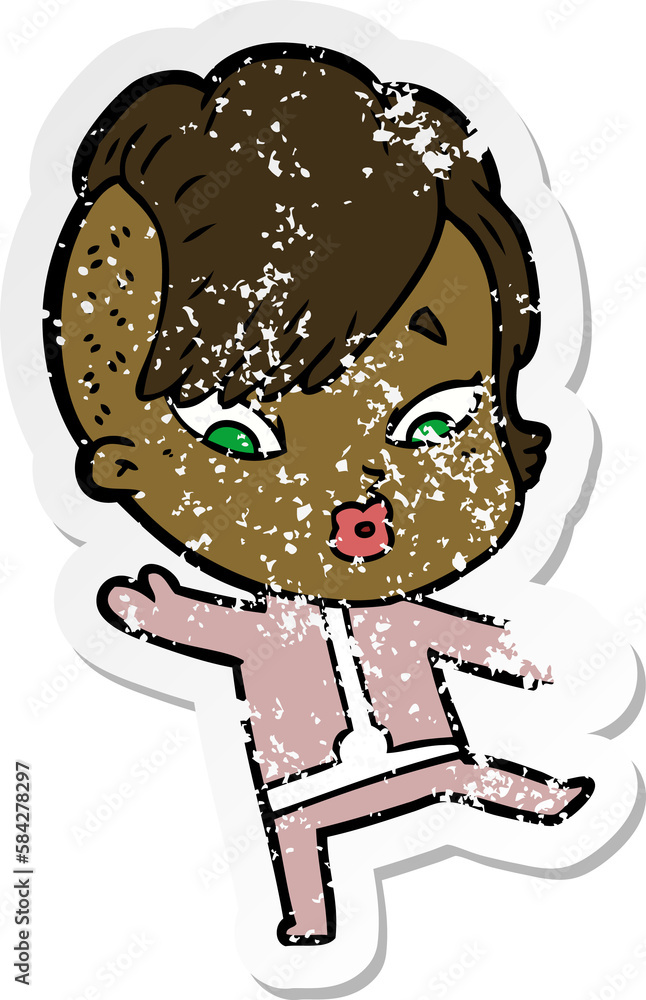 distressed sticker of a cartoon surprised girl in science fiction clothes distressed sticker of a cartoon surprised girl in science fiction clothes