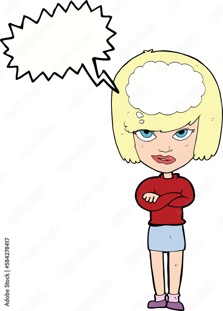 cartoon woman with folded arms imagining with speech bubble