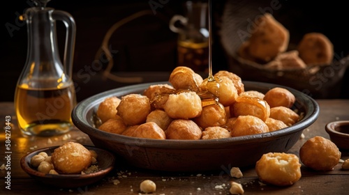 A plate with loukoumades dessert and honey syrup on the table