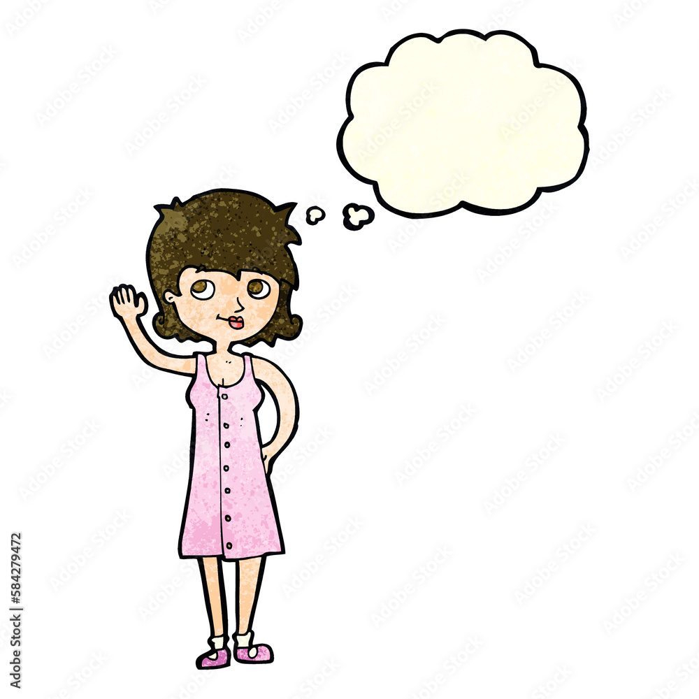cartoon pretty woman waving with thought bubble cartoon pretty woman waving with thought bubble