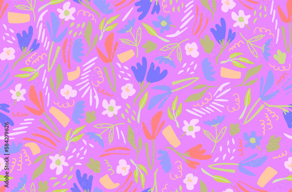 Boho doodle card with seamless pattern doodle flowers. Seamless floral backdrop. Vector background, Boho doodle card with seamless pattern doodle flowers. Seamless floral backdrop. Vector background,