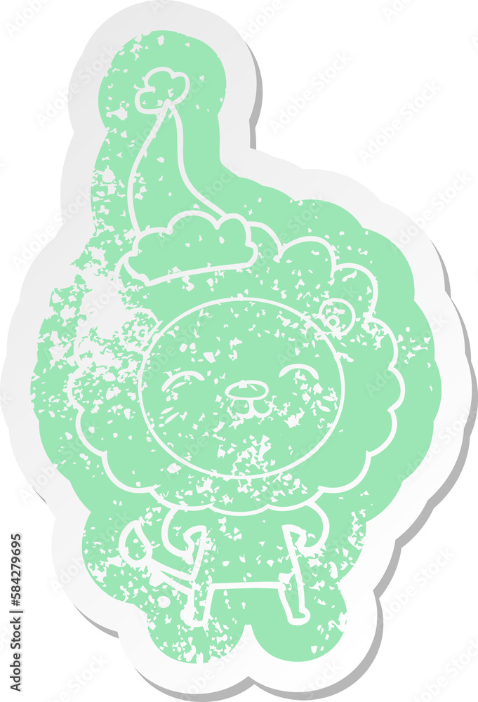 cartoon distressed sticker of a lion wearing santa hat