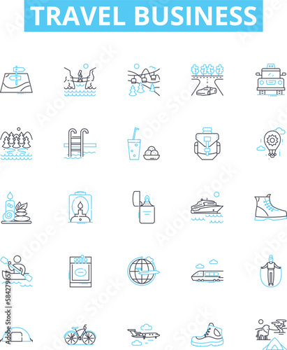 Travel business vector line icons set. Tourism, Tour, Vacation, Journey, Adventure, Transport, Sightseeing illustration outline concept symbols and signs