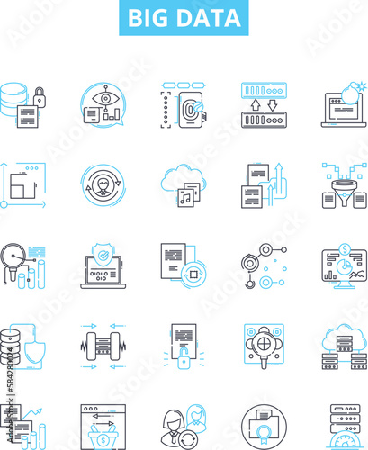 Big data vector line icons set. Hadoop, Analytics, Mining, Machine, Learning, Storage, Infrastructure illustration outline concept symbols and signs photo