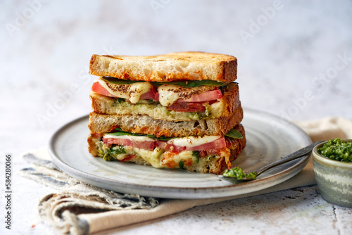 Cheese, tomato and spinach toasted sandwich with pesto photo
