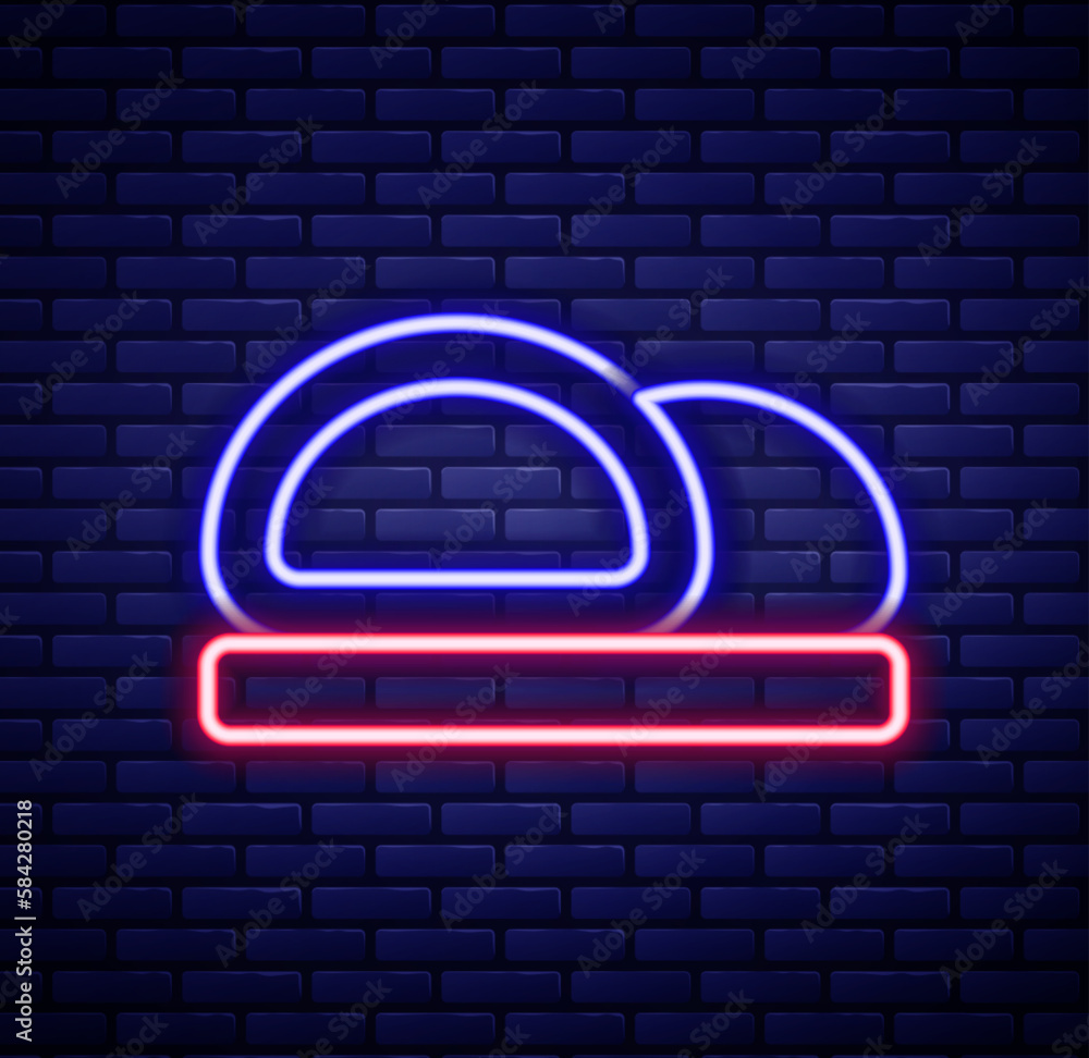 Glowing neon line Sushi icon isolated on brick wall background. Traditional Japanese food. Colorful outline concept. Vector Glowing neon line Sushi icon isolated on brick wall background. Traditional Japanese food. Colorful outline concept. Vector