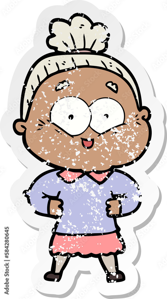 distressed sticker of a cartoon happy old woman distressed sticker of a cartoon happy old woman