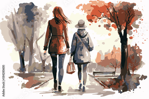 Mother and daughter walking together in a park. Family love. Vector art painting of grandmother walking with her child. Adorable background. Walking outdoor, together. Unity family. Road to happiness