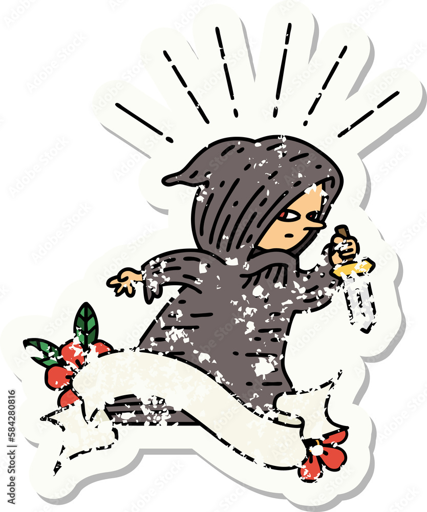 grunge sticker of tattoo style assassin with knife grunge sticker of tattoo style assassin with knife