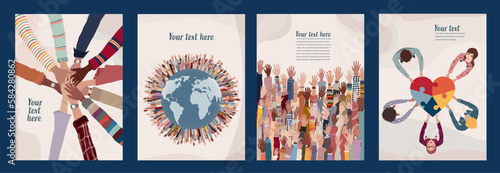 Volunteer people group concept flyer brochure poster editable template.Multicultural people with raised hands. People diversity holding heart.Hands in a circle. Solidarity.NGO Aid concept