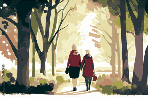 Mother and daughter walking together in a park. Family love. Vector art painting of grandmother walking with her child. Adorable background. Walking outdoor, together. Unity family. Road to happiness