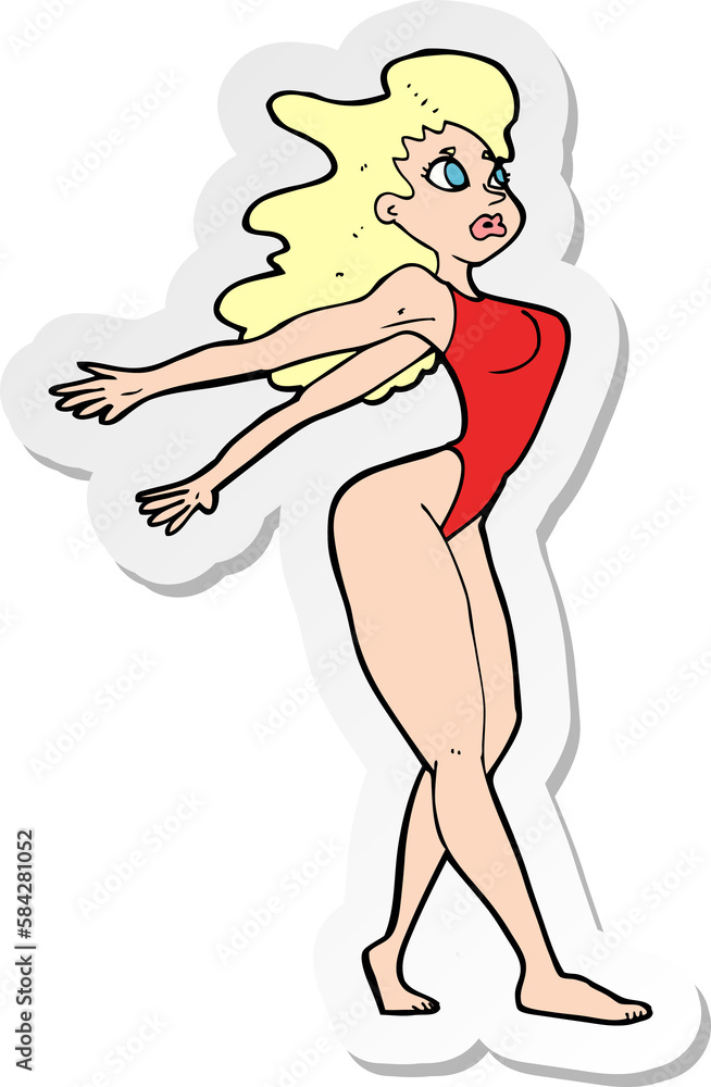 sticker of a cartoon sexy woman in swimsuit