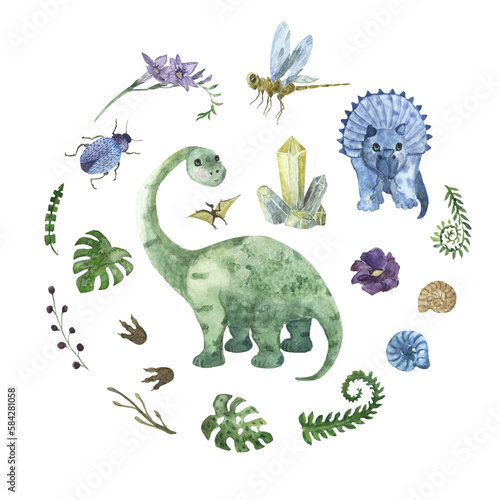 Set of elements with dinosaurs. triceratops, brachiosaurus, insects, crystal, ammonites, flowers, plants, dinosaur tracks. For kindergartens, twxtile, fabric, bed linen, pajamas. Paleontology © Daria