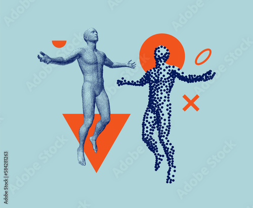 Leadership, freedom or development concept. Astral travel out of body. Reincarnation spiritual concept. Flying man in zero gravity. Art composition in сoarse and fine style. Levitation act. 3D vector.