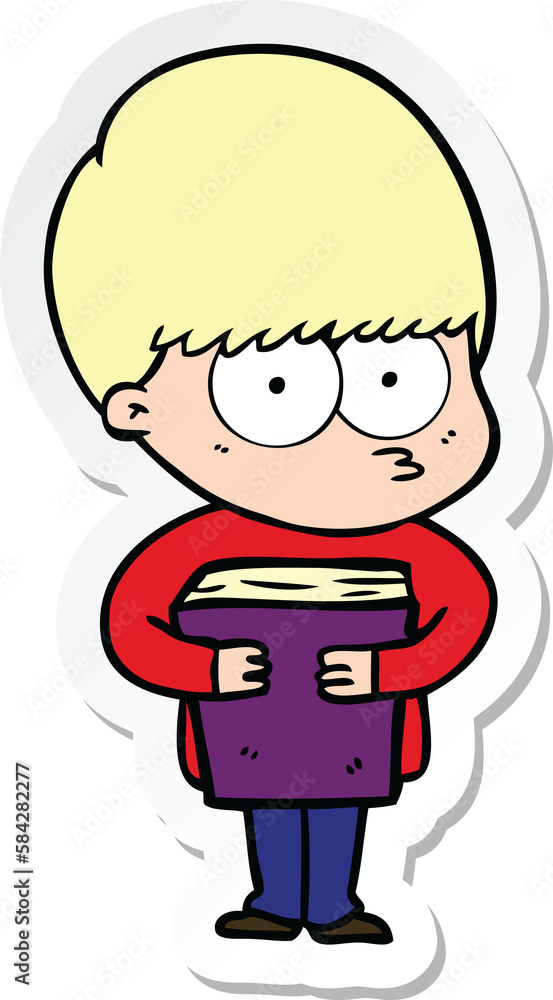 sticker of a nervous cartoon boy holding book