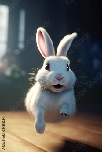 happy fluffy bunny - Bunny jumping - Created with Generative AI technology.