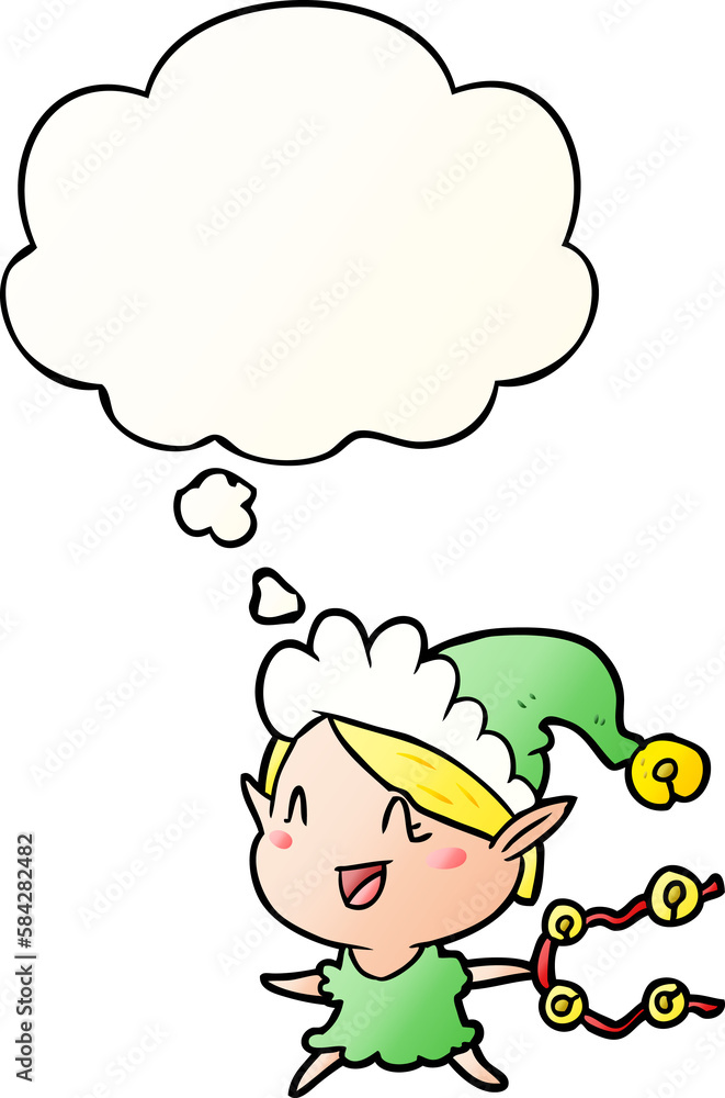 cartoon happy christmas elf and thought bubble in smooth gradient style cartoon happy christmas elf and thought bubble in smooth gradient style