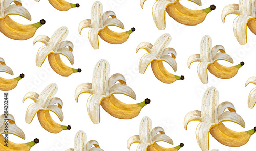 Watercolor pattern of banana. Hand drawn, isolated on white background.