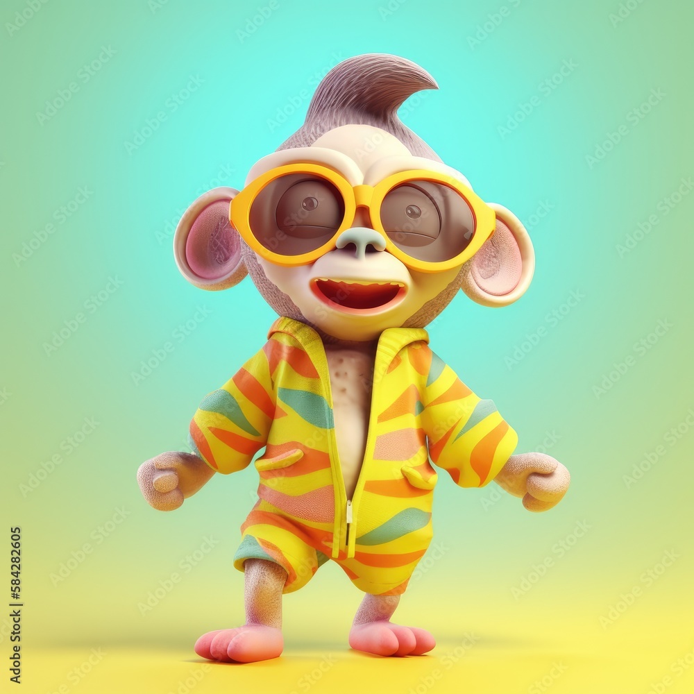 Funny monkey wearing sunglasses on a colorful background. Generative AI