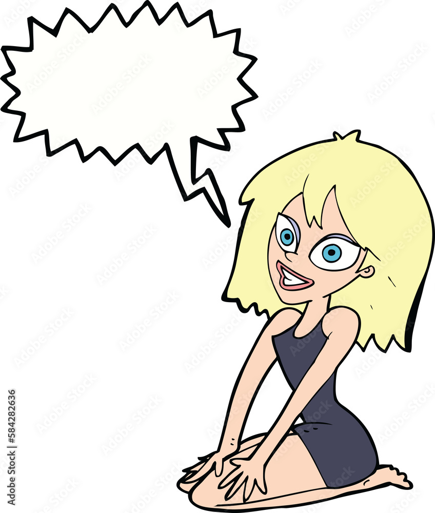 cartoon happy woman in dress with speech bubble cartoon happy woman in dress with speech bubble