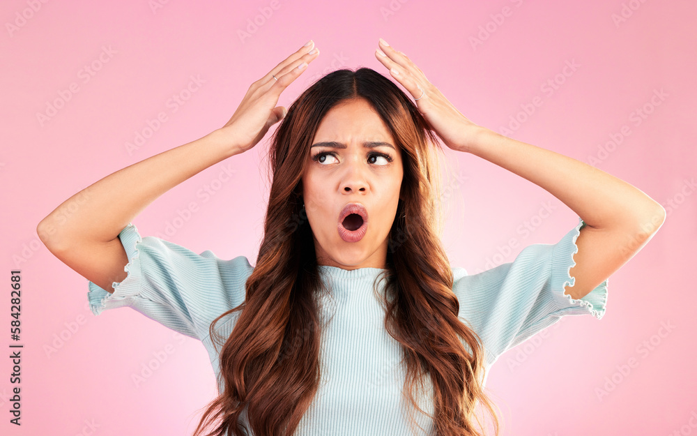 Wow, confused and woman in studio surprised, omg and mind blown gesture on pink background. Wtf, shocked and open mouth by girl shocked, puzzled or with doubt emoji, decision or choice while isolated Wow, confused and woman in studio surprised, omg and mind blown gesture on pink background. Wtf, shocked and open mouth by girl shocked, puzzled or with doubt emoji, decision or choice while isolated