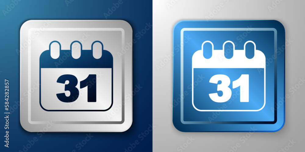 White Calendar with Halloween date 31 october icon isolated on blue and grey background. Happy Halloween party. Silver and blue square button. Vector White Calendar with Halloween date 31 october icon isolated on blue and grey background. Happy Halloween party. Silver and blue square button. Vector