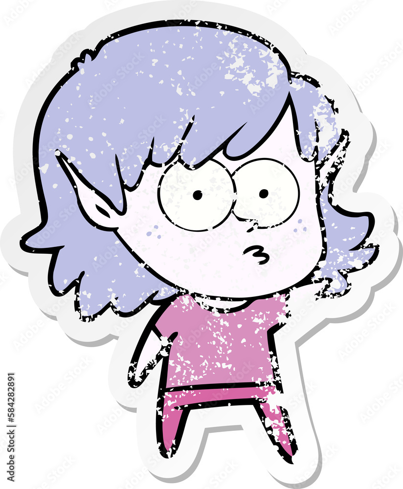 distressed sticker of a cartoon elf girl staring distressed sticker of a cartoon elf girl staring