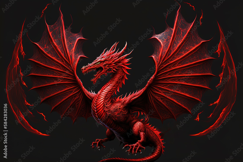 Fototapeta premium Full length angry red dragon with big wings and fire on black background, generative ai.