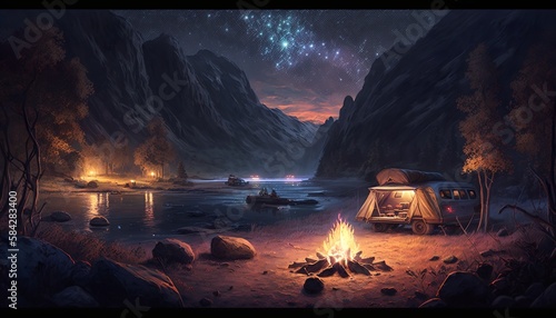 a beautiful place for a tent, with cozy lights at night