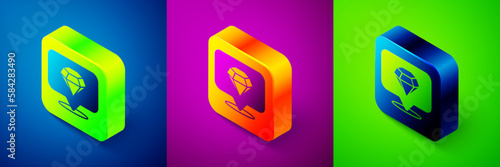 Isometric Diamond icon isolated on blue, purple and green background. Jewelry symbol. Gem stone. Square button. Vector