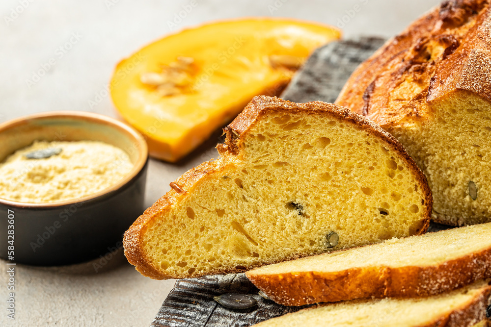Closeup of pumpkin sourdough bread with seeds, Healthy food concept. place for text, top view Closeup of pumpkin sourdough bread with seeds, Healthy food concept. place for text, top view